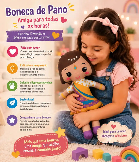 Boneca Inclusiva educativa Indiana de Pano Infantil 35cm Townbrink Studio Criativo