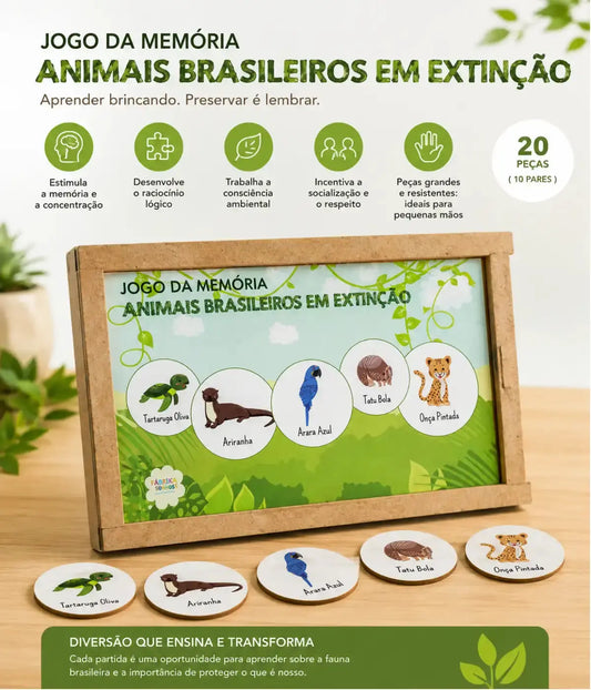 Jogo Memória Animais Em Extinção Madeira 20 Peças Townbrink Studio Criativo
