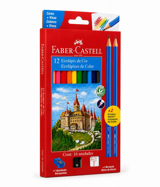 Lápis de Cor 12 Cores + 2 lapis, apontador e borracha Faber Faber Castell