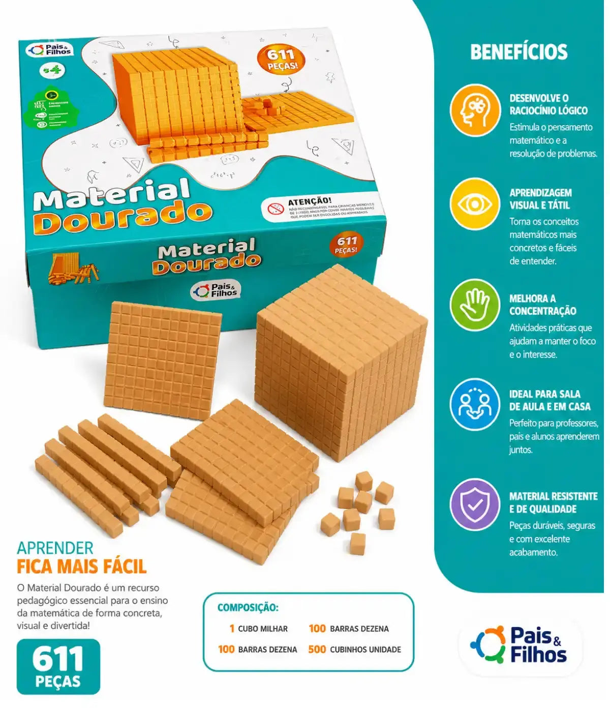 Brinquedo educativo material dourado em madeira de 611 peças ideal professor Townbrink Studio Criativo