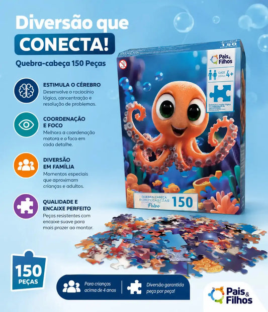 Quebra-Cabeça Fundo do Mar Polvo 150 Peças Townbrink Studio Criativo