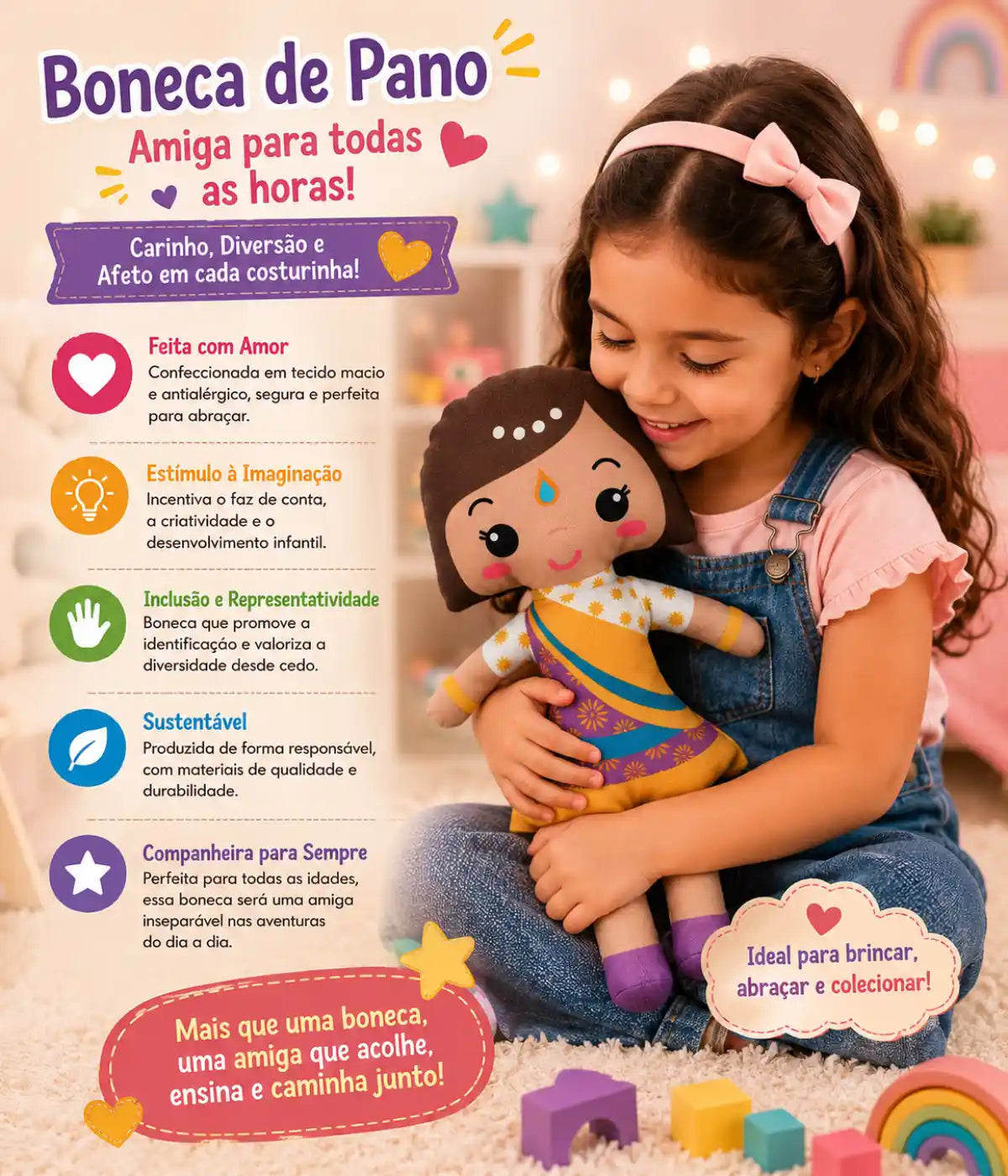 Boneca Inclusiva educativa Indiana de Pano Infantil 35cm