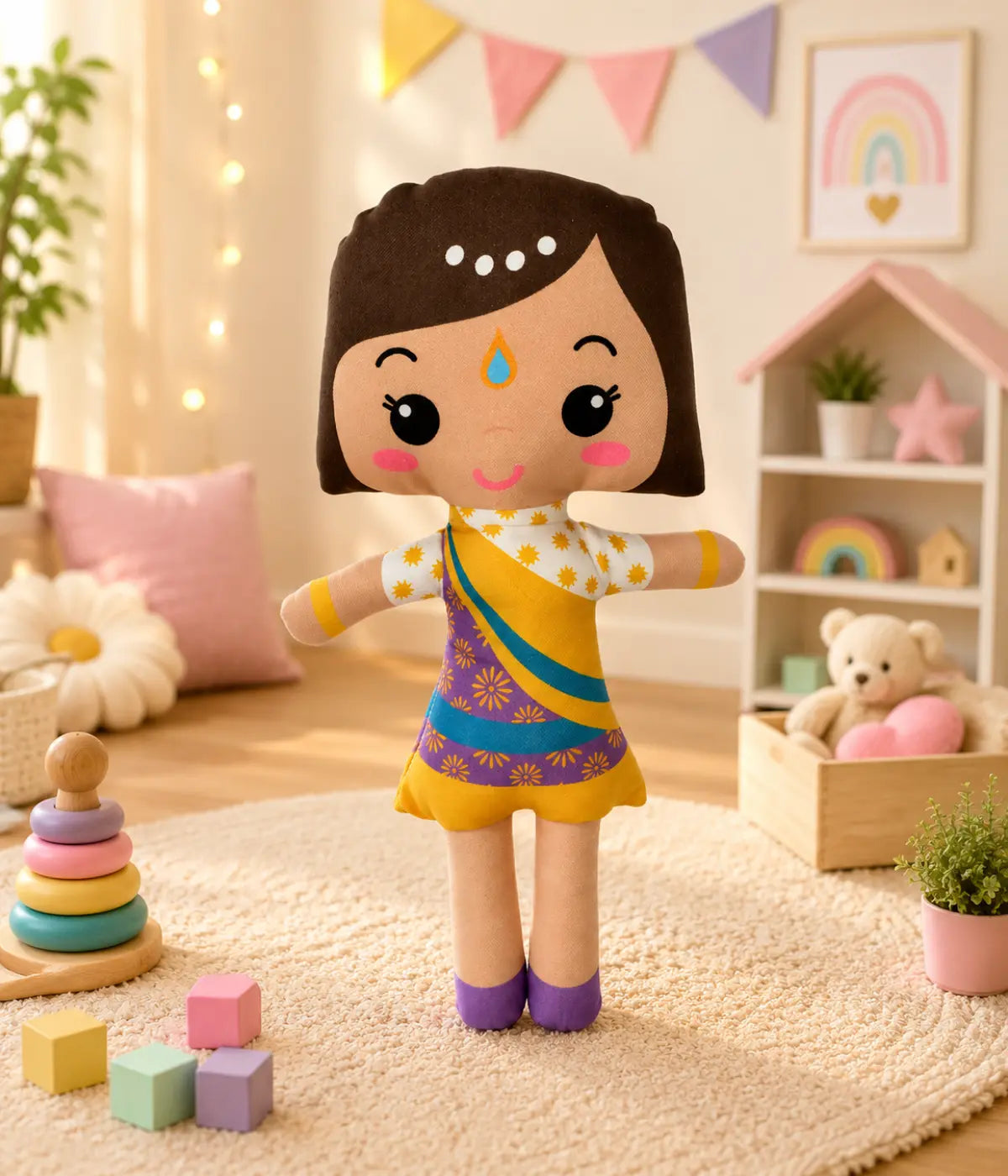 Boneca Inclusiva educativa Indiana de Pano Infantil 35cm