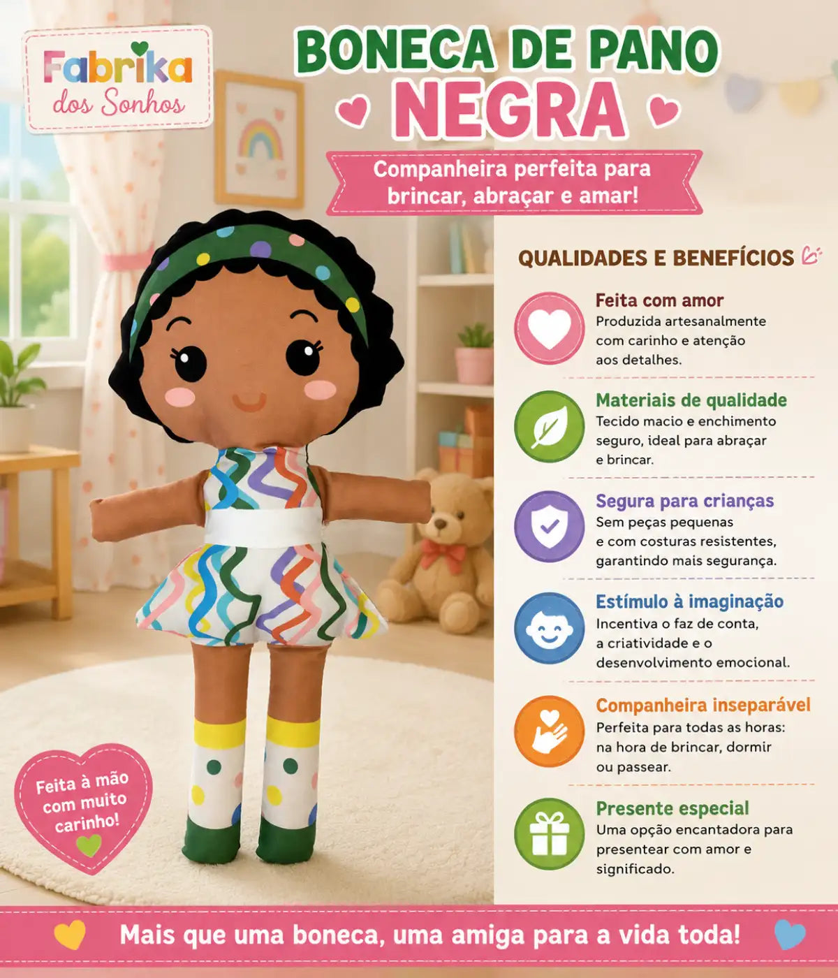 Boneca Inclusiva educativa Menina Negra - Boneca de pano infantil