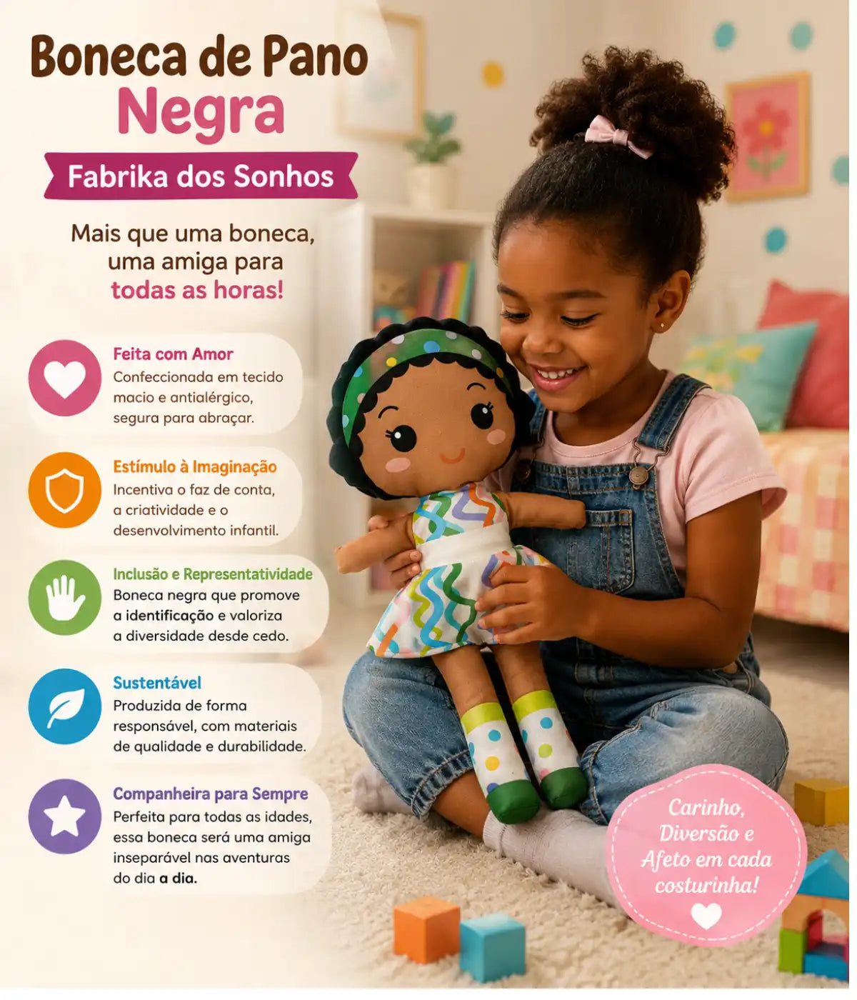Boneca Inclusiva educativa Menina Negra - Boneca de pano infantil