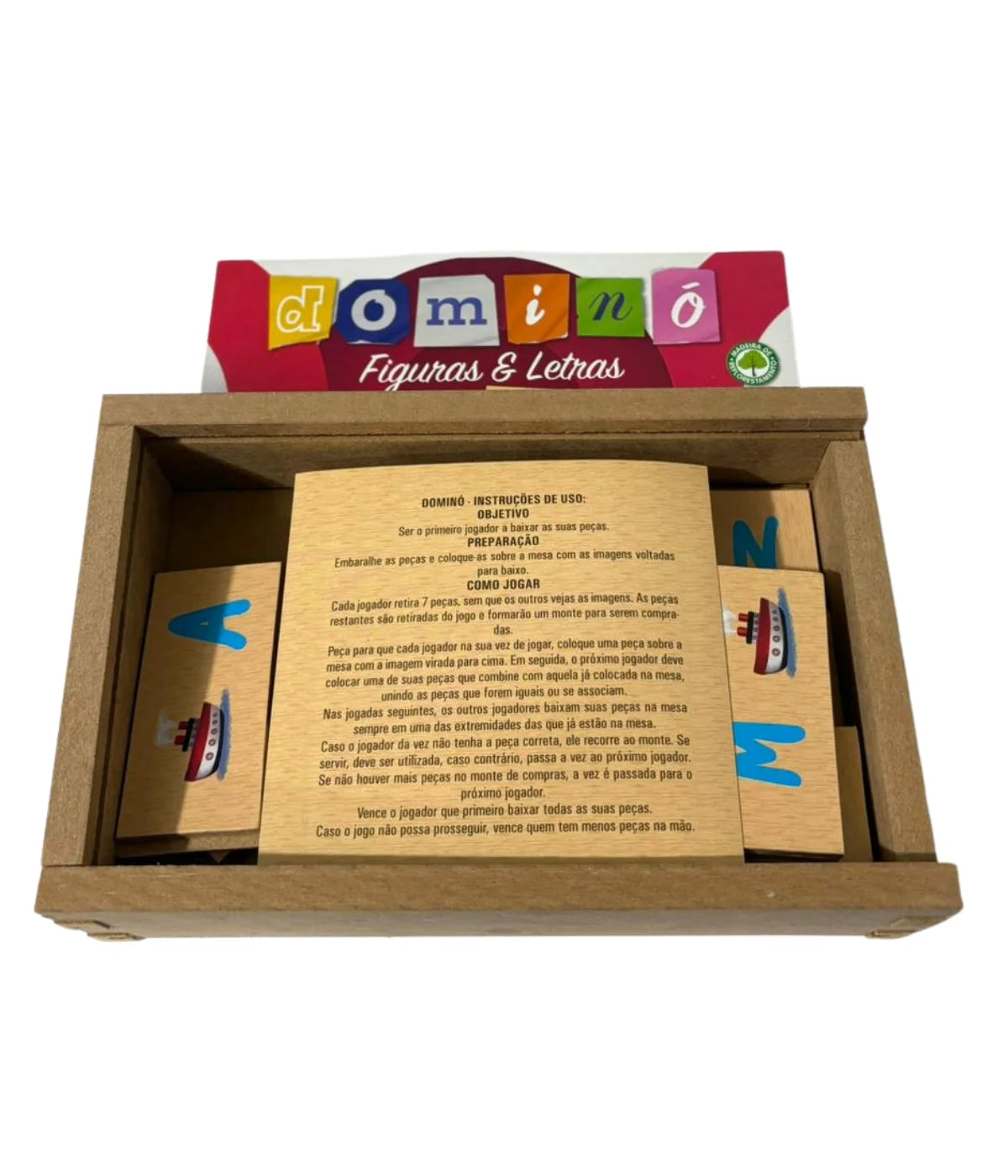 Dominó Educativo - figuras e letras em madeira