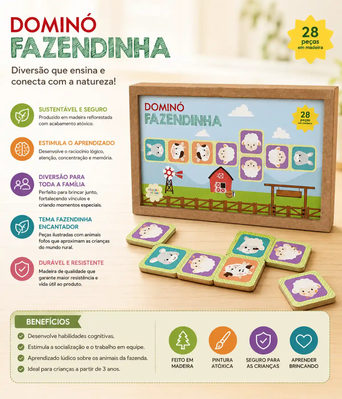 Dominó Fazendinha Madeira Infantil 28 Peças