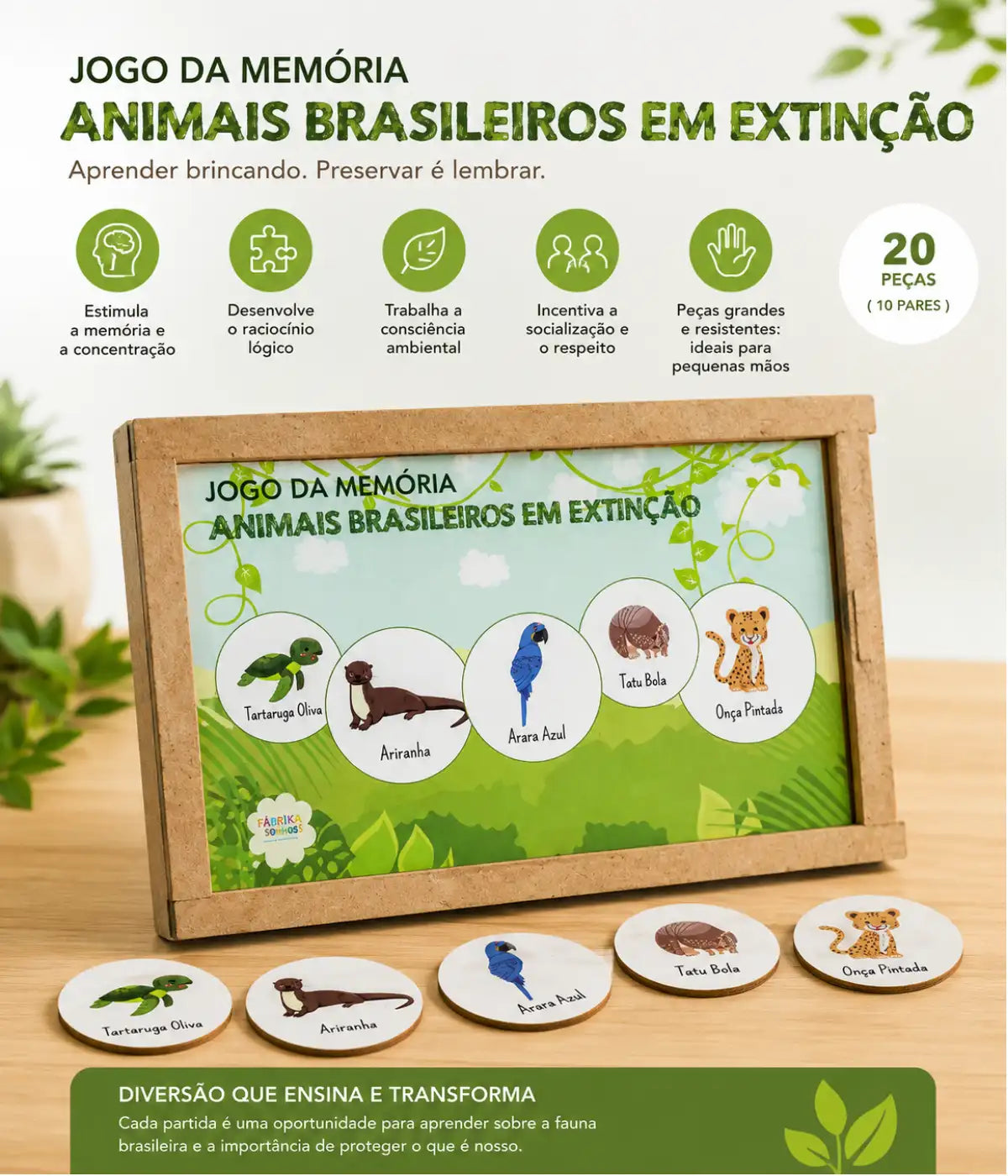 Jogo Memória Animais Em Extinção Madeira 20 Peças