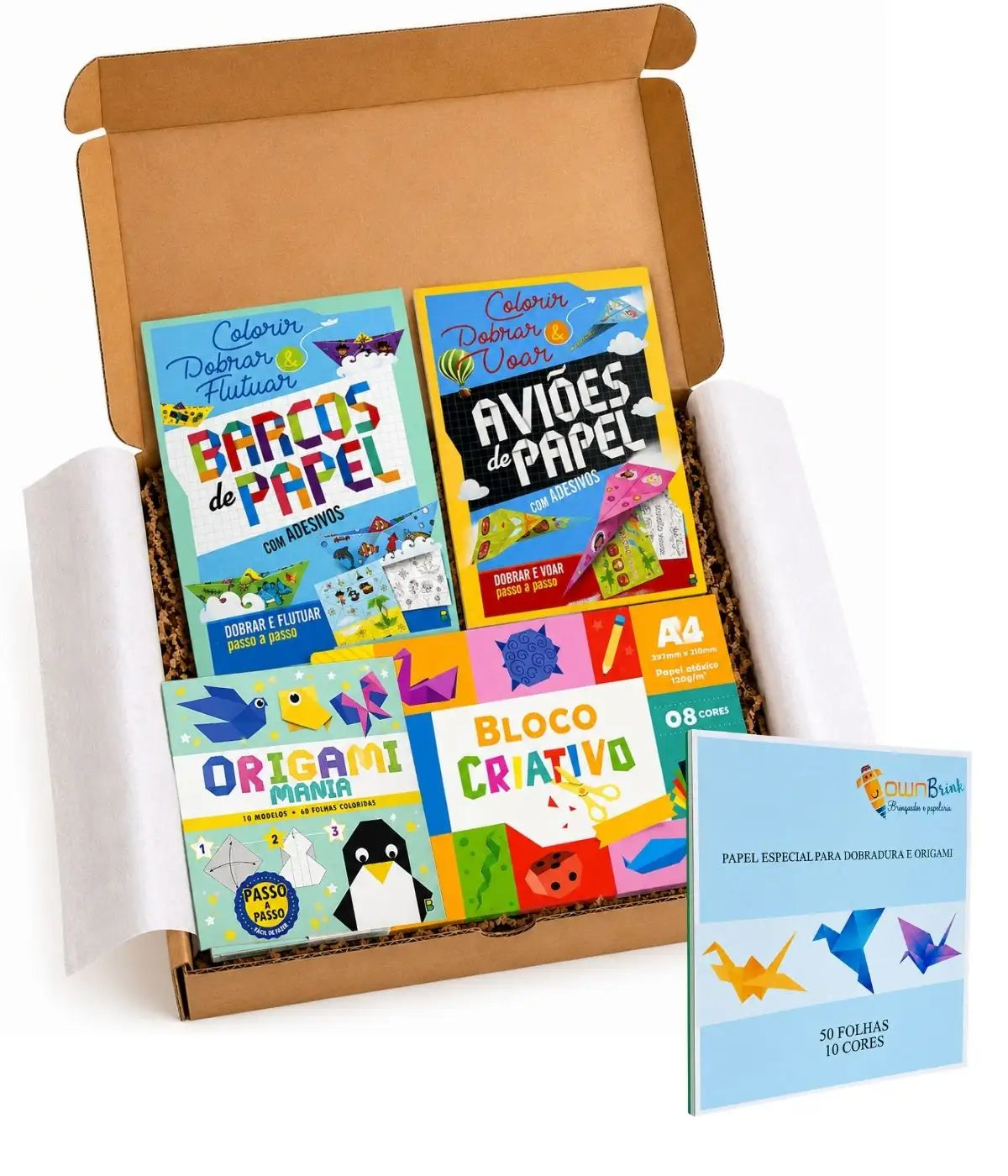 Livros e papéis para dobradura presenteavel, colorir e criar