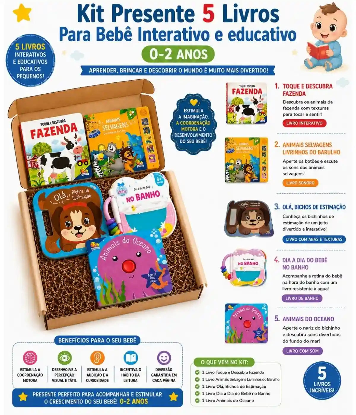 Kit presente 5 livros para bebê interativo e educativo