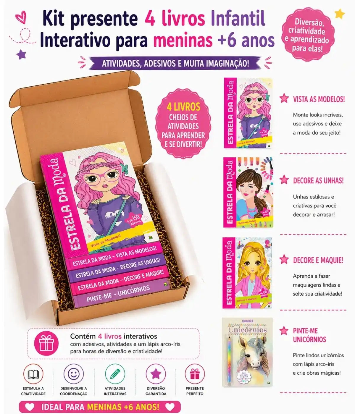 Kit presente 4 livros infantil interativo para meninas +6 anos