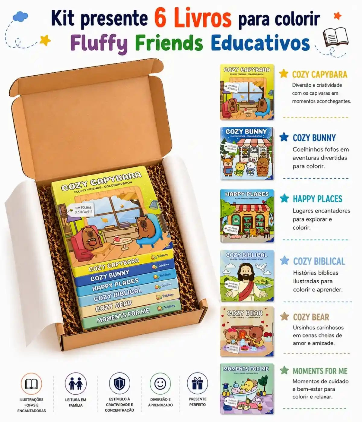 Kit presente 6 Livros para Colorir Fluffy Friends Educativos