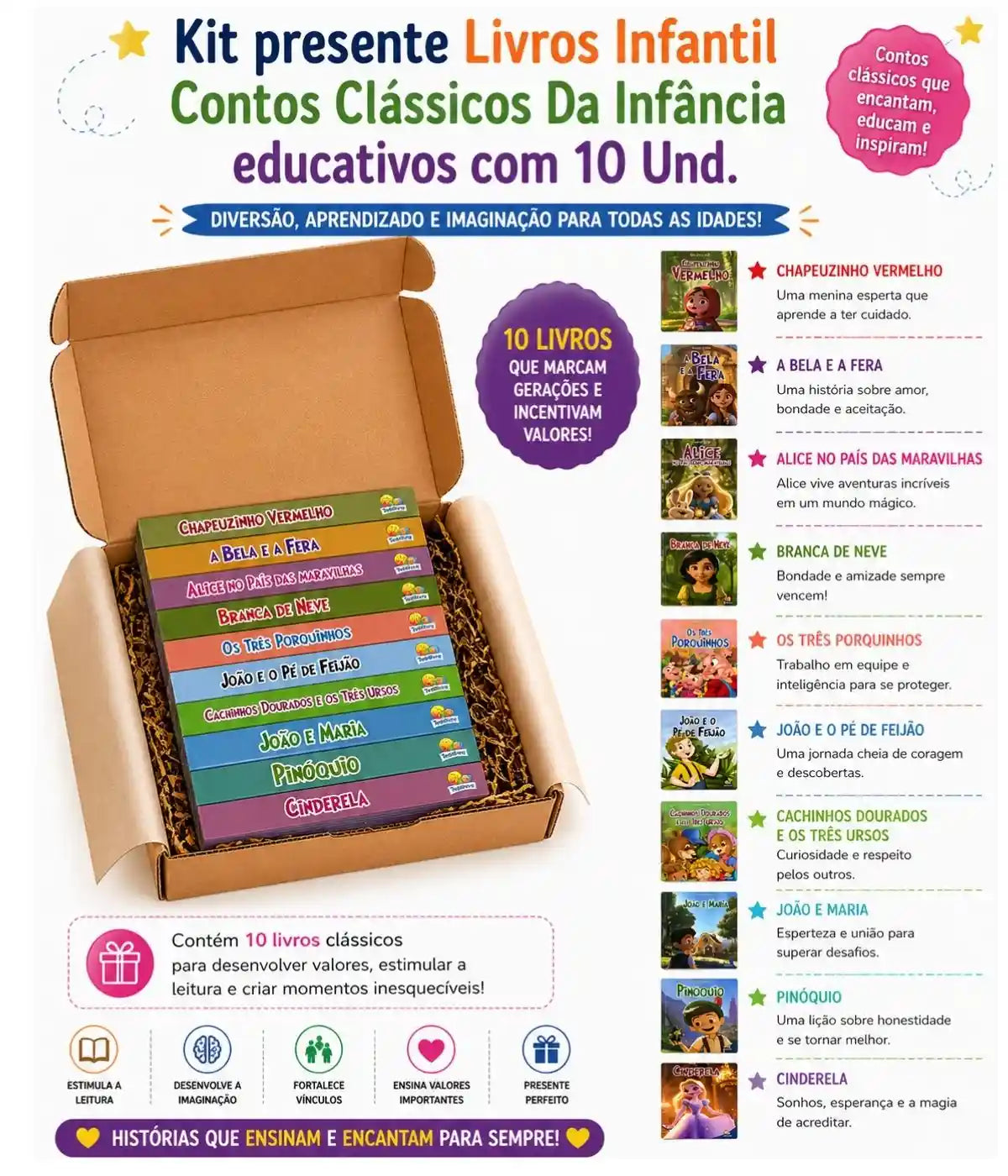 Coleção Livros Infantis Contos Clássicos 10 Un. Presenteável