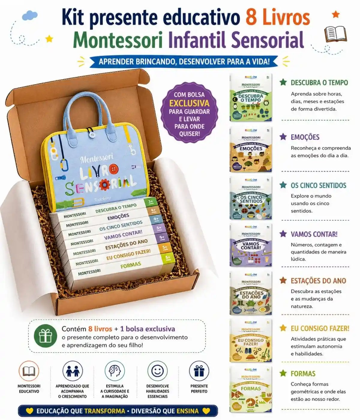 Kit Montessori 8 Livros + Livro Sensorial Infantil