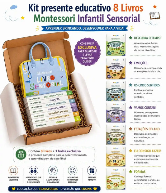 Kit Montessori 8 Livros + Livro Sensorial Infantil