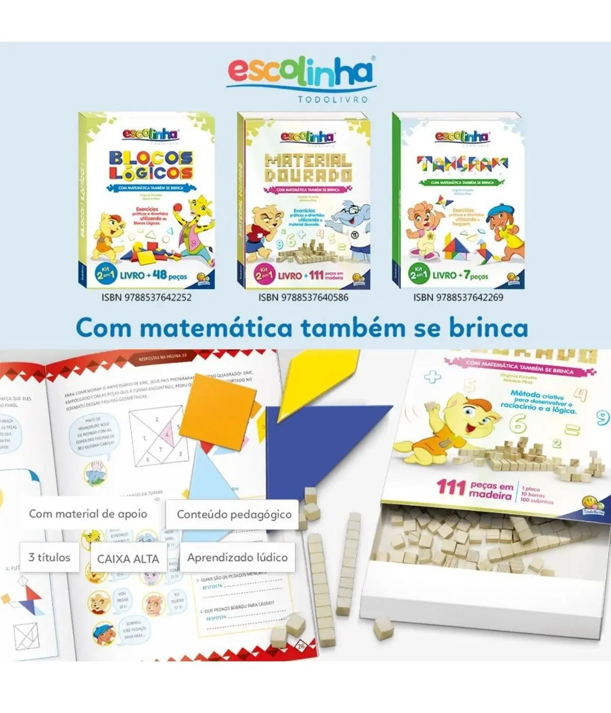 Kit Matemática Material Dourado Tangram Blocos Lógicos