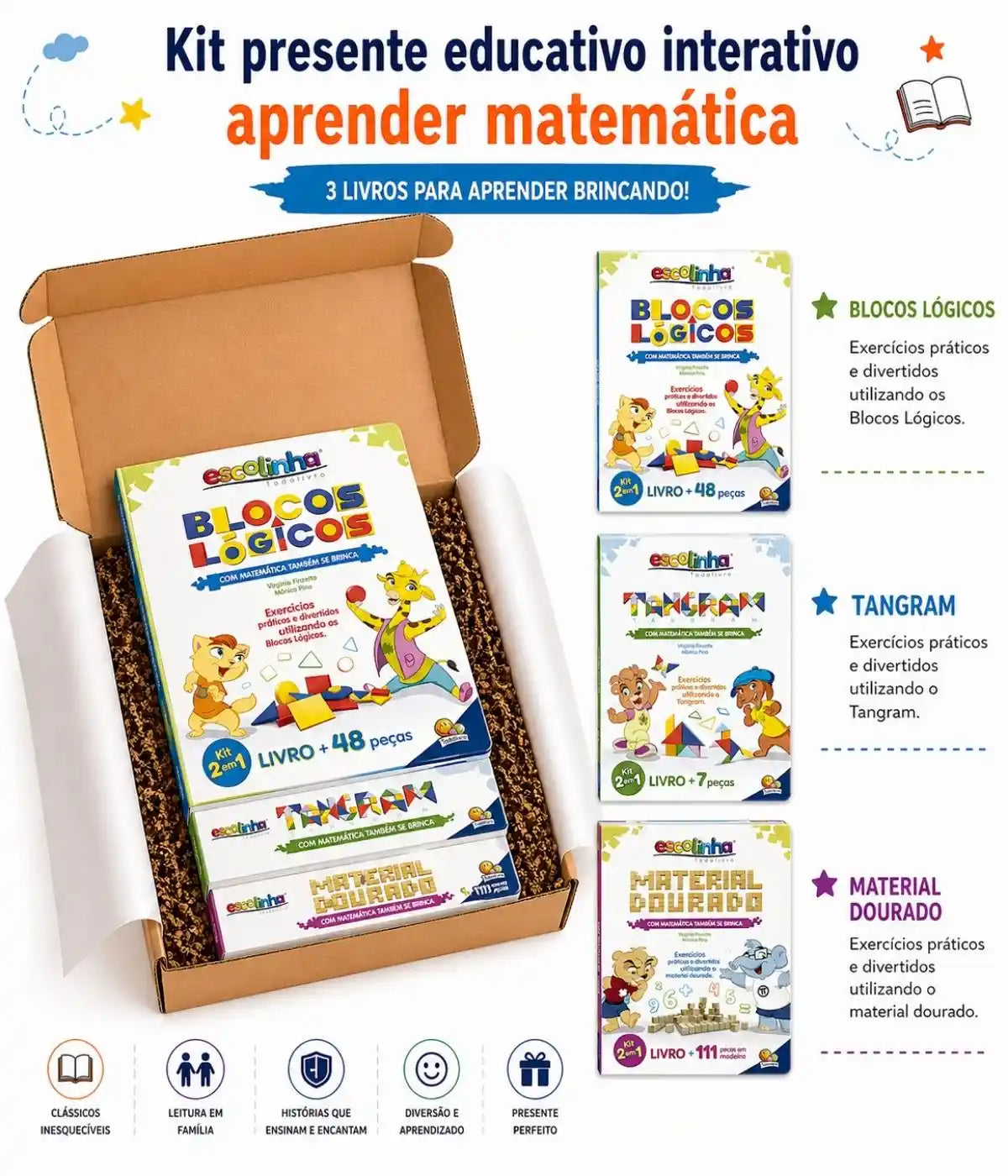 Kit Matemática Material Dourado Tangram Blocos Lógicos