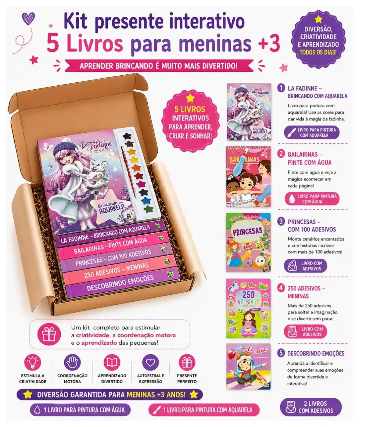 Kit presente interativo para meninas 5 livros de princesas +3anos