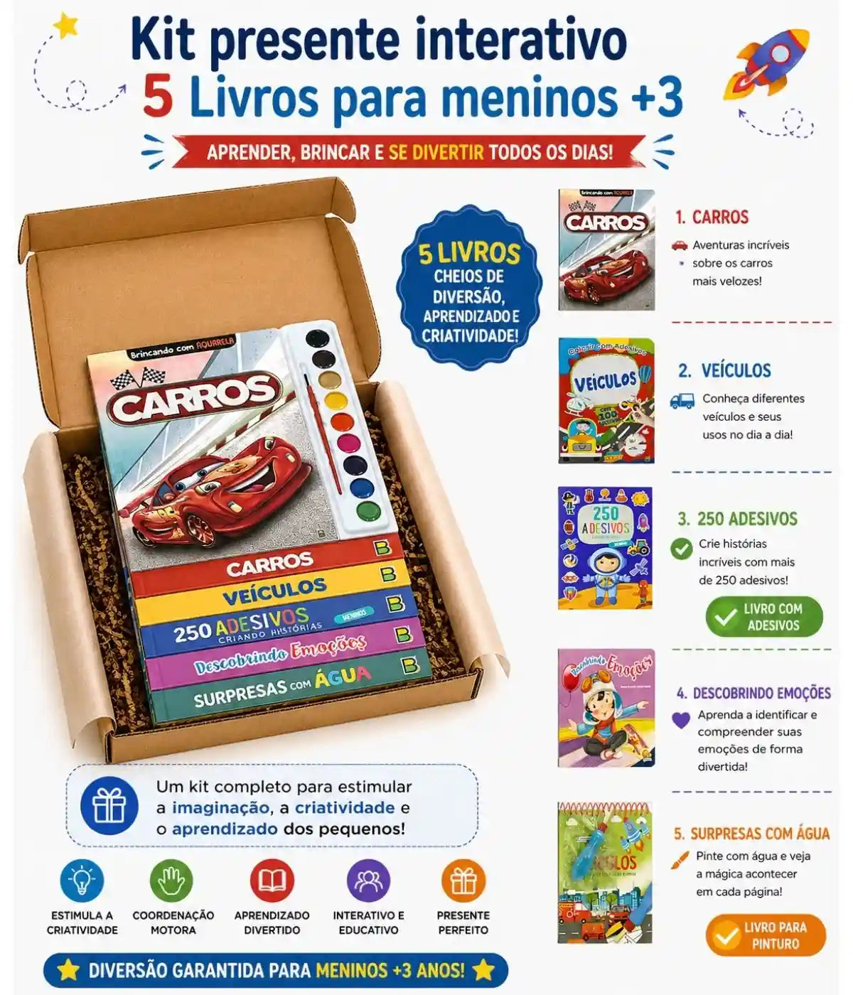 Kit Livros Infantil 3 Anos Carros Adesivos Aquarela