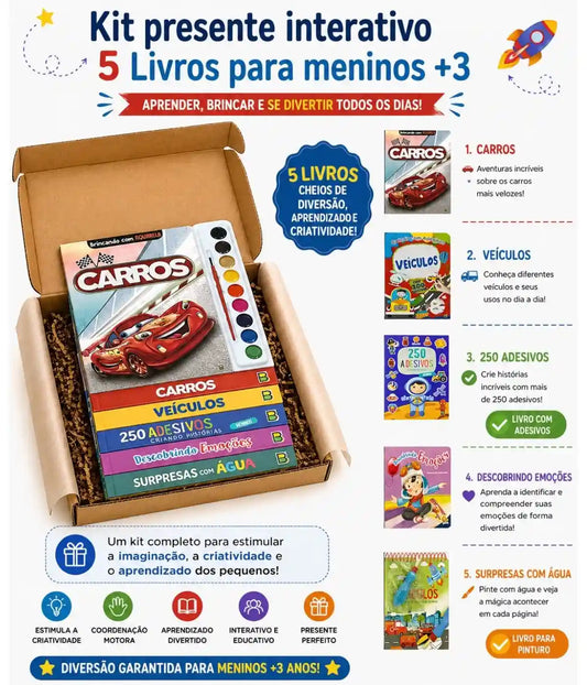 Kit Livros Infantil 3 Anos Carros Adesivos Aquarela
