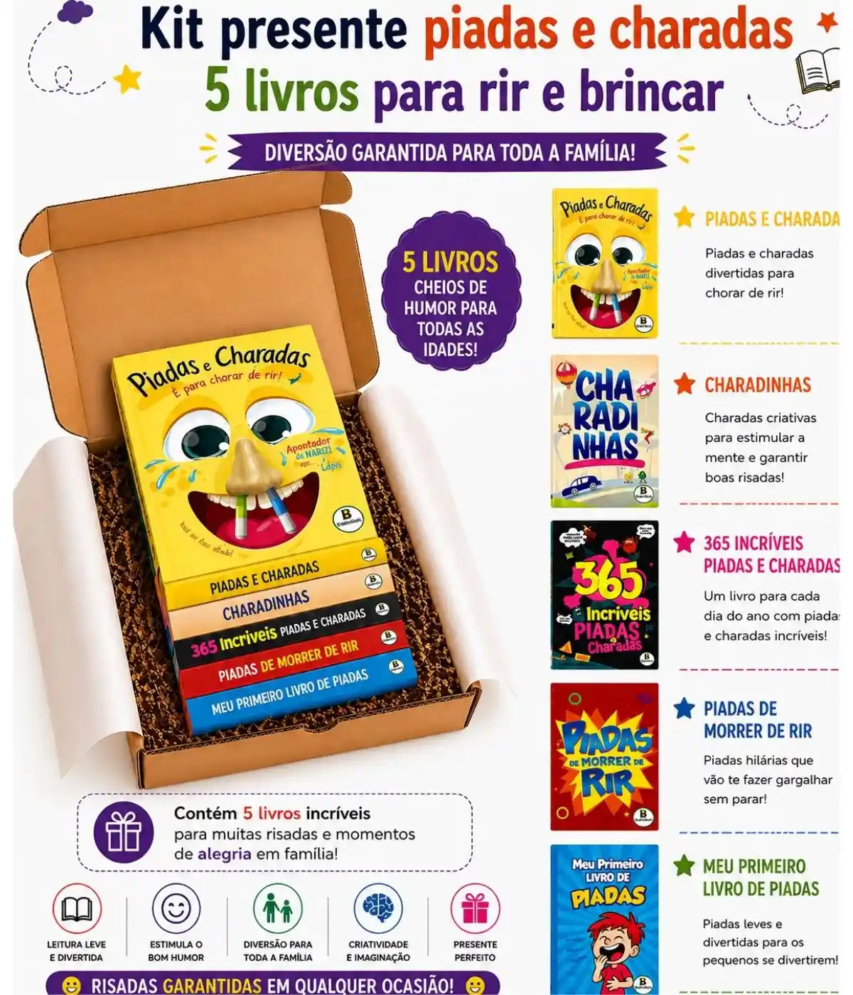 Kit presente com 5 Livros de piadas e charadas infantis