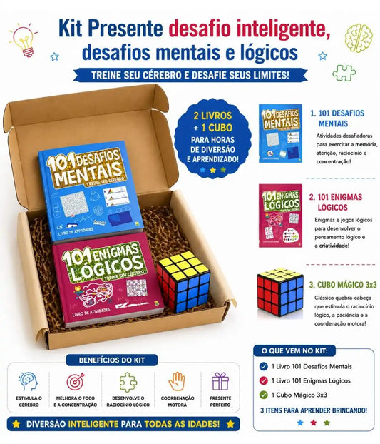 Livros Desafios e Enigmas + Cubo Mágico 3x3 - Kit presente