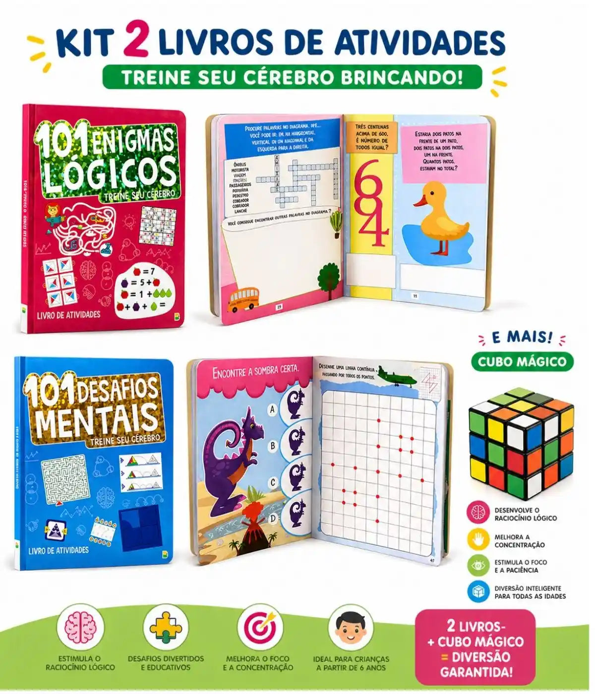 Livros Desafios e Enigmas + Cubo Mágico 3x3 - Kit presente