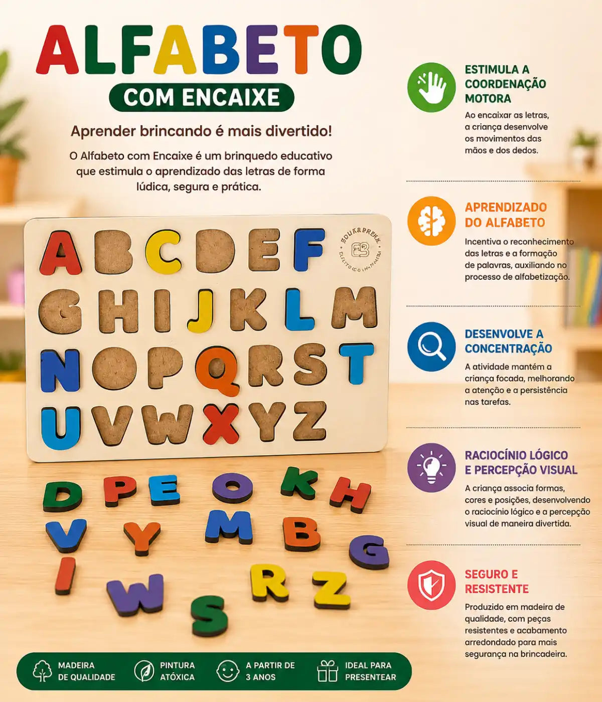 Brincando com letras alfabeto Infantil em madeira A ao Z