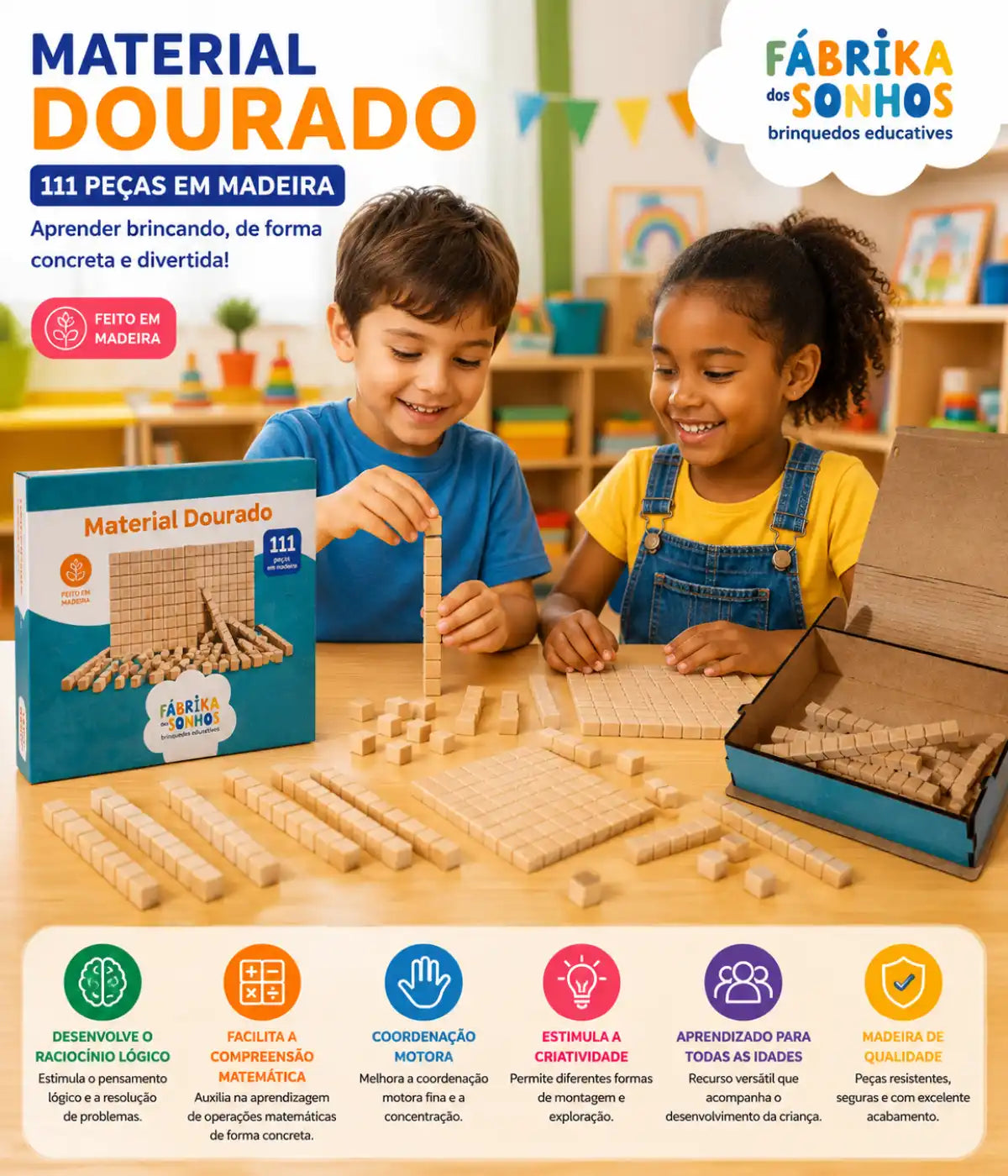 Material Dourado Madeira 111 Peças Com Estojo
