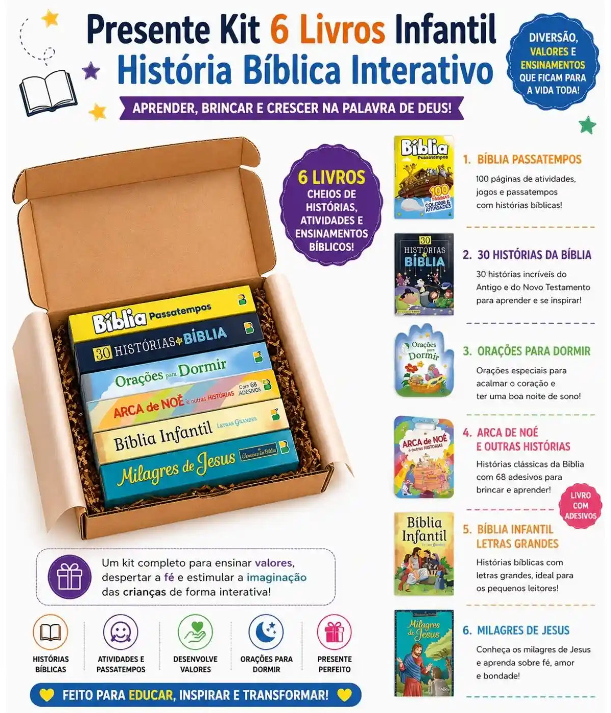 Presente Kit 6 Livros Infantil História Bíblica Interativo
