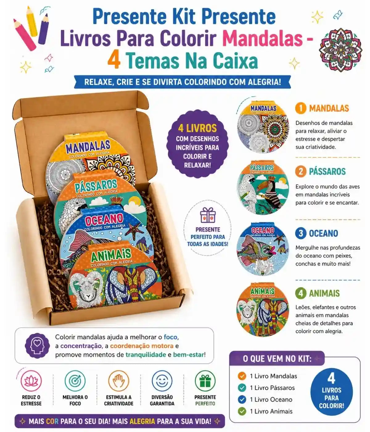 Kit Presente Livros Para Colorir Mandalas - 4 Temas Na Caixa