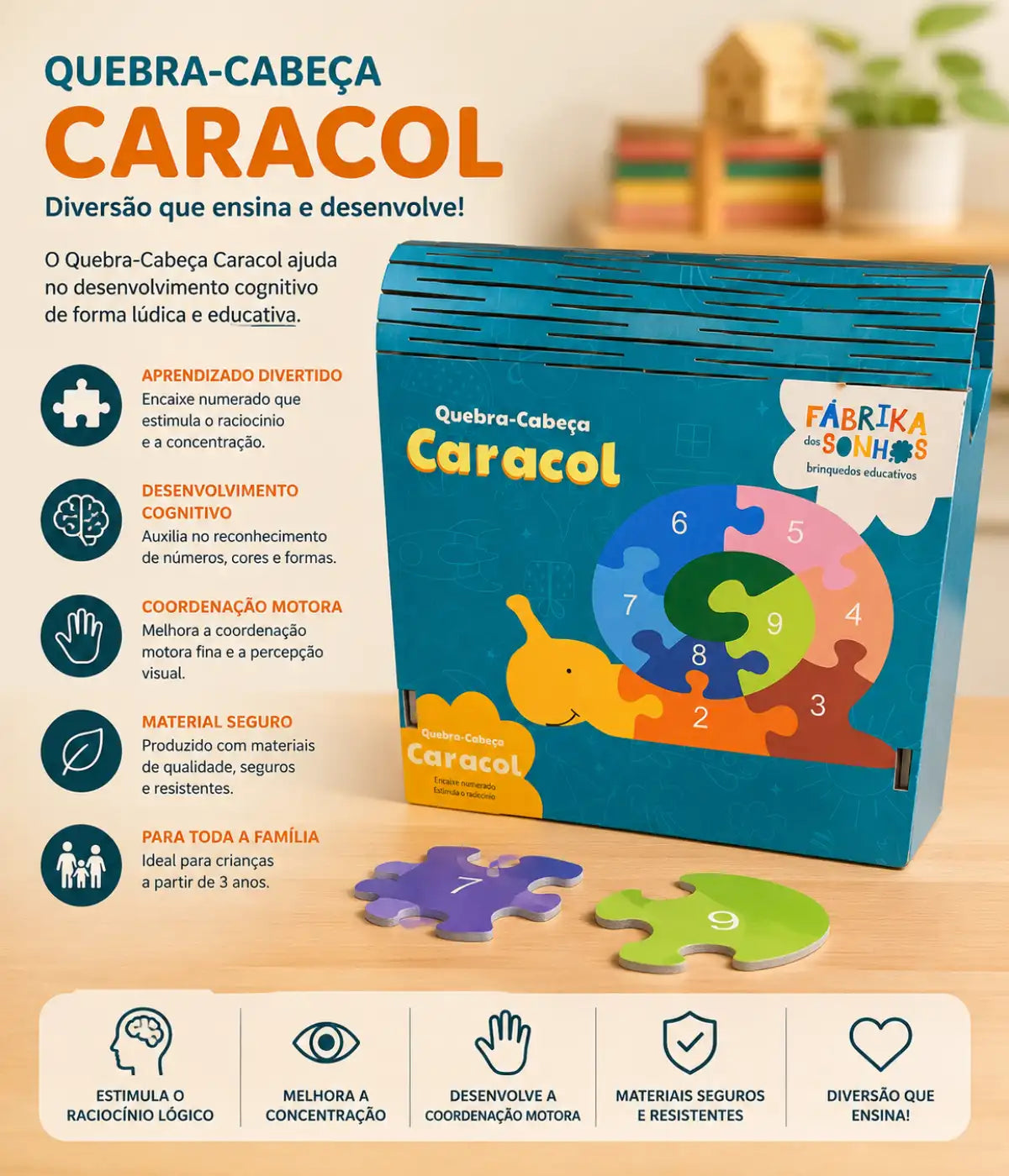 Quebra-cabeça Caracol Números MDF 6mm
