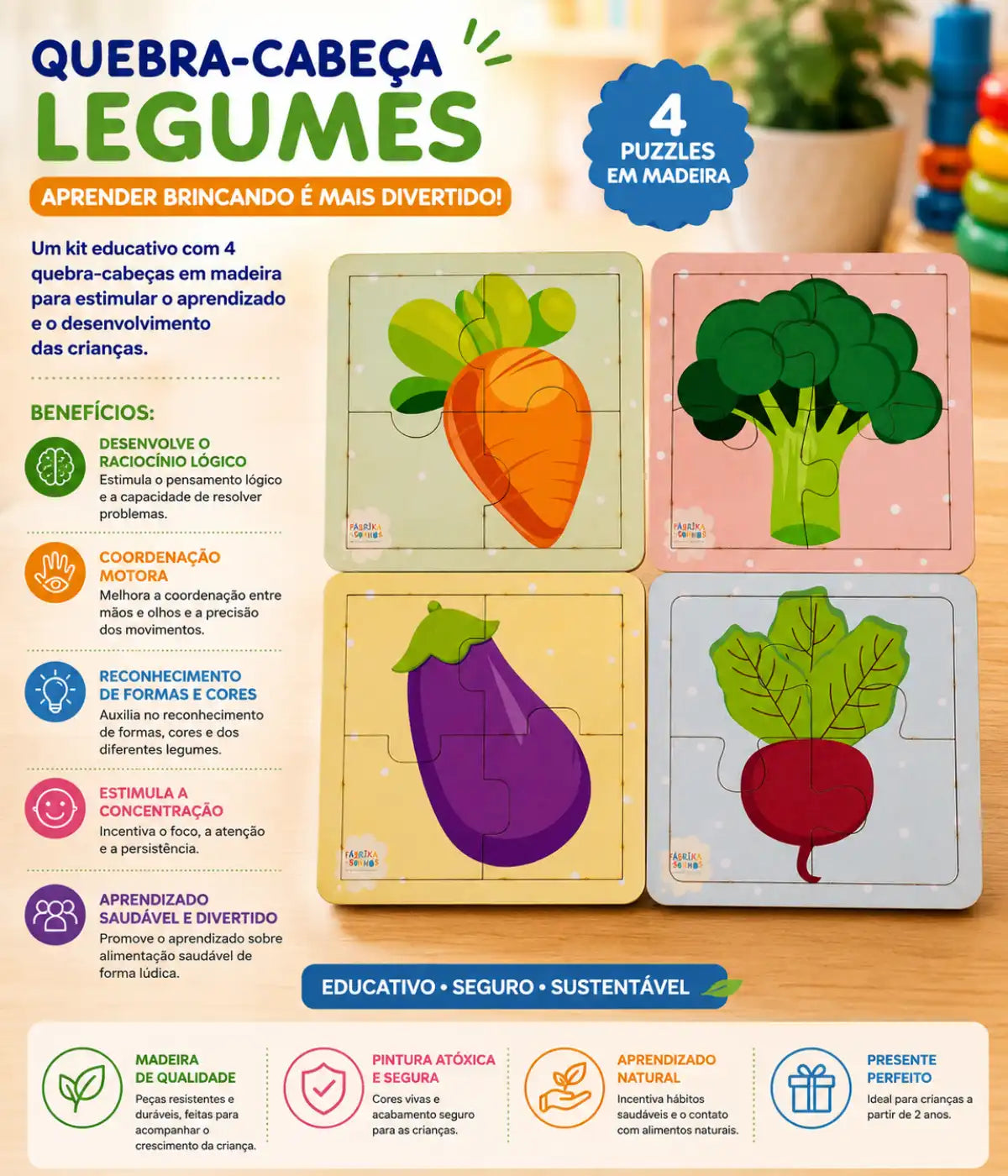 Kit 4 Quebra-cabeças Legumes Infantil 4 Peças