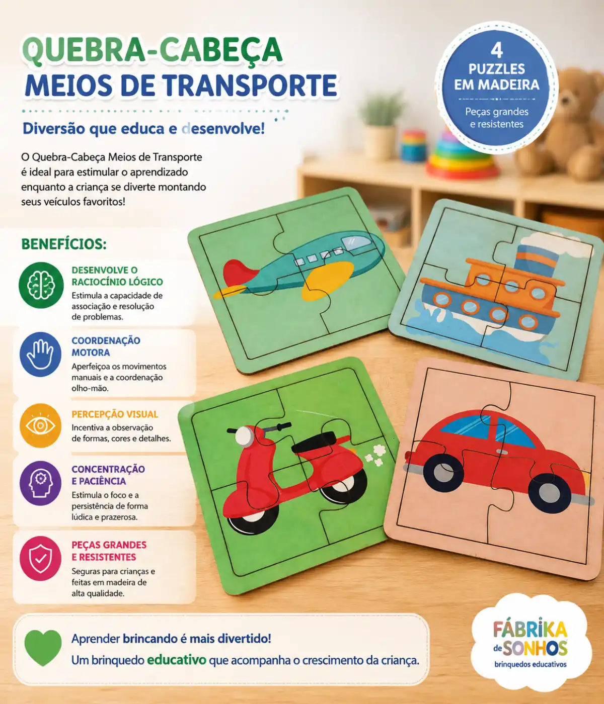Kit 4 Quebra-cabeças Transporte Infantil 4 Peças