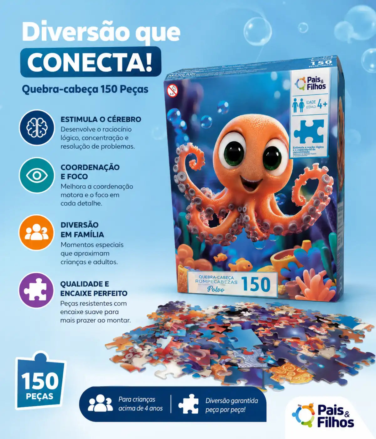 Quebra-Cabeça Fundo do Mar Polvo 150 Peças